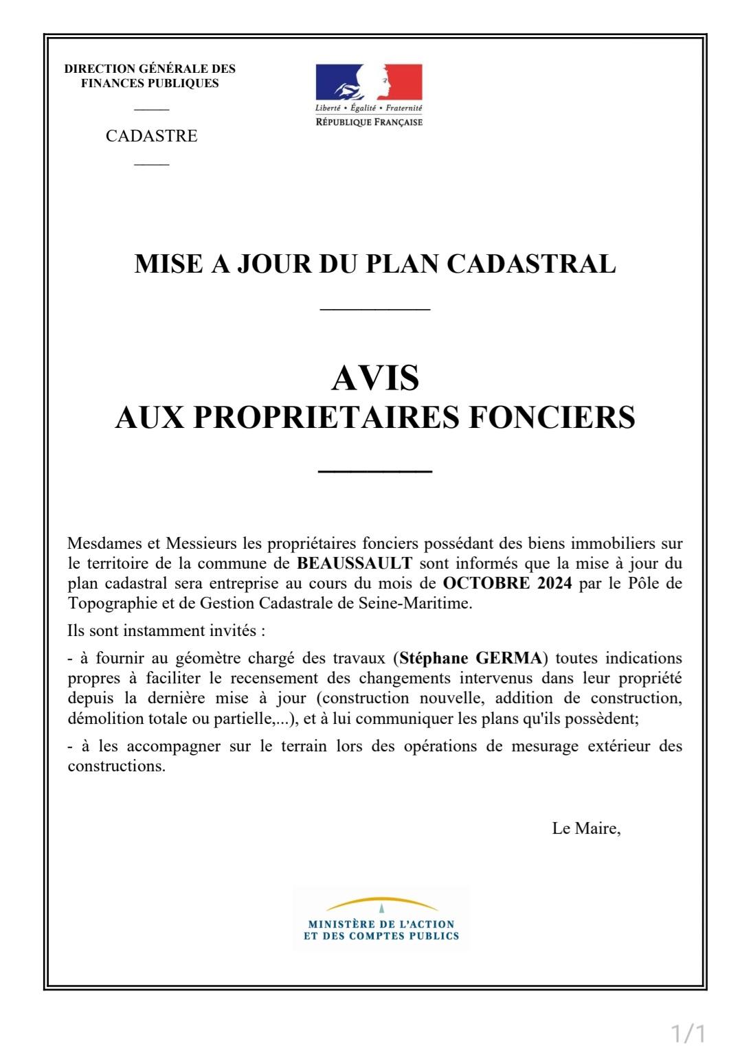 Avis proprietaires maj cadastre