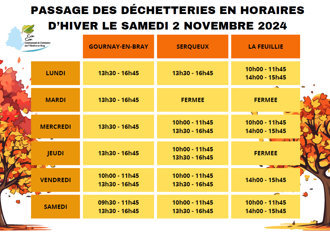 Horaires hiver 2024 dechetterie