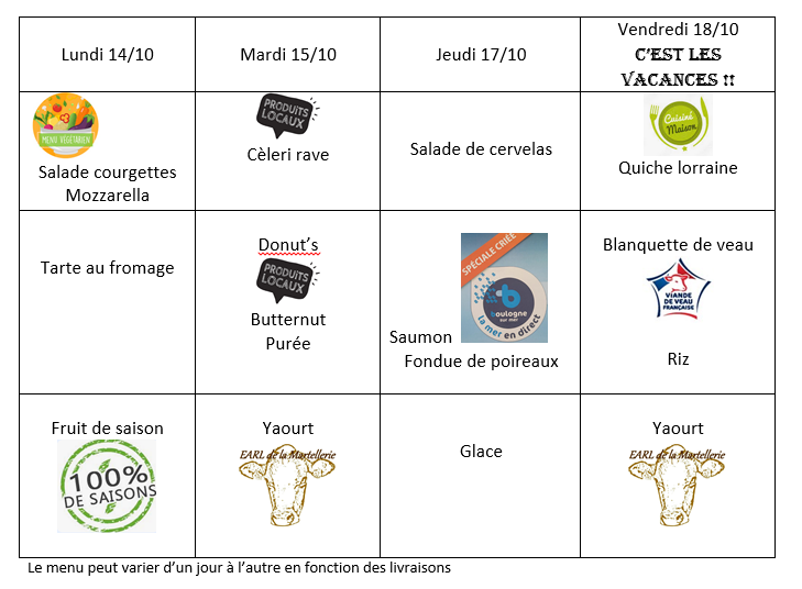 Menu cantine du 14 au 18 octobre