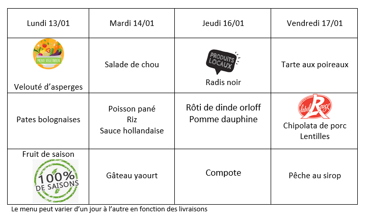 Menu du 13 au 17 janvier 2025